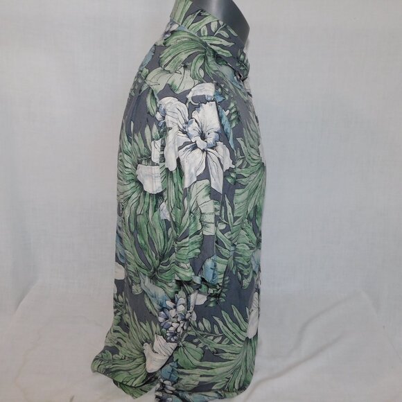 Vintage Silk Mens M Gray Green White Floral Hawaiian Silk Linen Blend Shirt - Picture 7 of 10